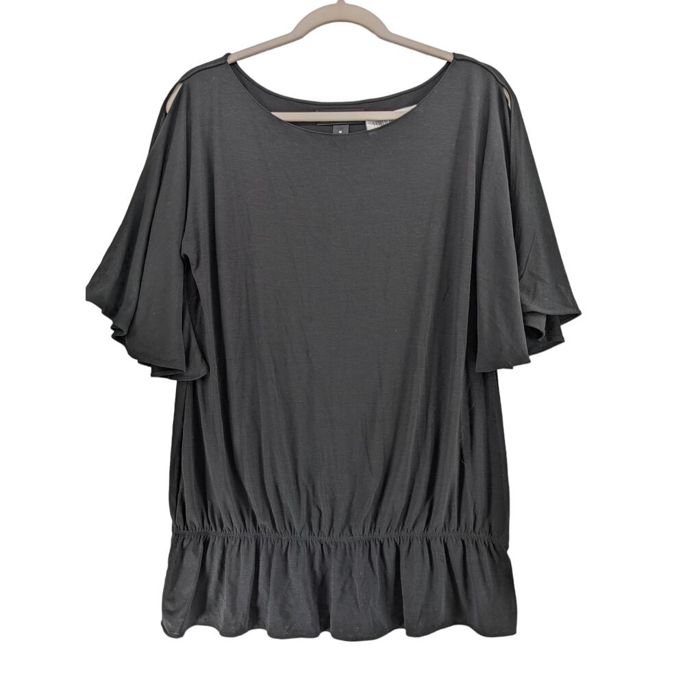 INC International Concept Peplum Blouse M Black Cold Shoulder Flutter Sleeve Top